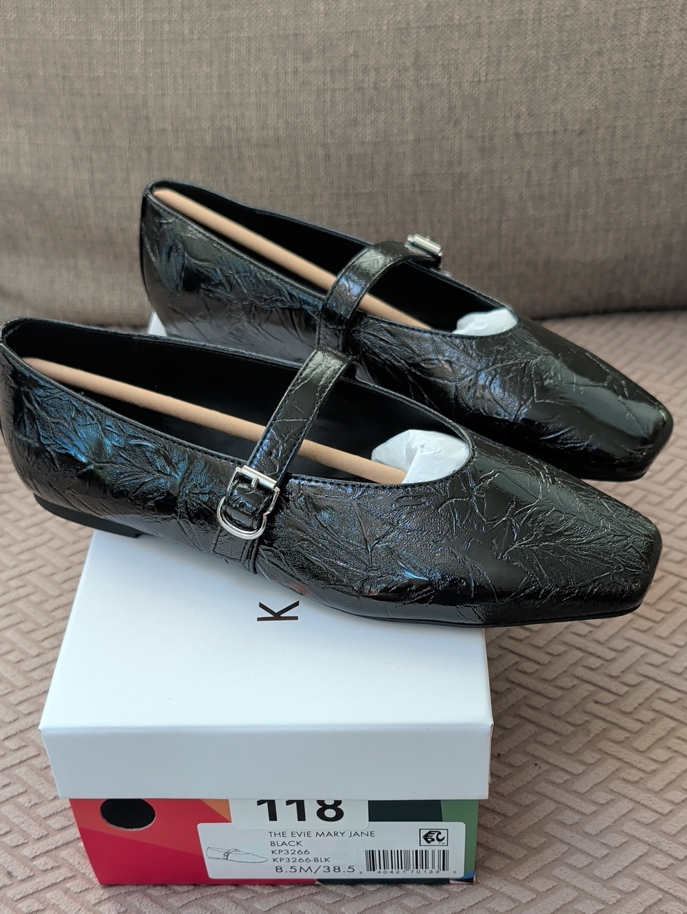 Katy Perry Collections Black Crinkled Patent Mary Jane Flats NIB